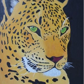 Painting titled "Retrato leopardo co…" by Maria Jesús Baz, Original Artwork, Oil