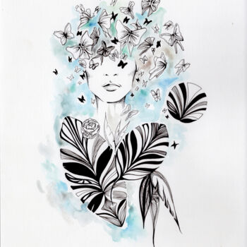 Drawing titled "Tête Papillon" by Mab Carratier, Original Artwork, Watercolor