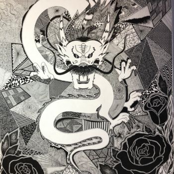 Drawing titled "Дракон и розы" by Vera Makarova, Original Artwork, Gel pen