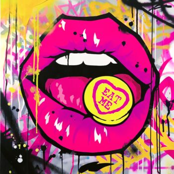 Schilderij getiteld "Luscious -  Candy" door Mach-One, Origineel Kunstwerk, Graffiti Gemonteerd op Frame voor houten brancard