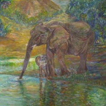 Ζωγραφική με τίτλο "Elefantes - 001" από Machado Dos Santos, Αυθεντικά έργα τέχνης