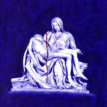 Drawing titled "La Pietà Sanguinante" by Machété Braid, Original Artwork, Ballpoint pen Mounted on Wood Stretcher frame