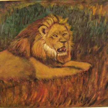 Painting titled "Lion au repos" by Maclade, Original Artwork, Oil