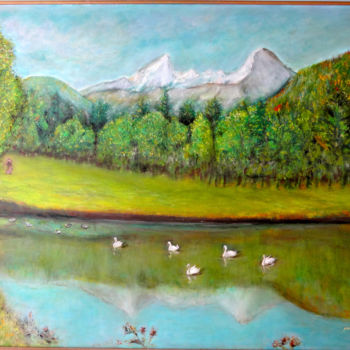 Peinture intitulée "lac-aux-cygnes-pres…" par Maclade, Œuvre d'art originale, Huile