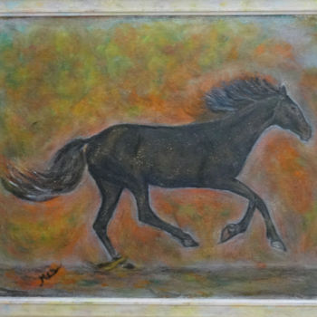Painting titled "cheval-de-feu au ga…" by Maclade, Original Artwork, Oil