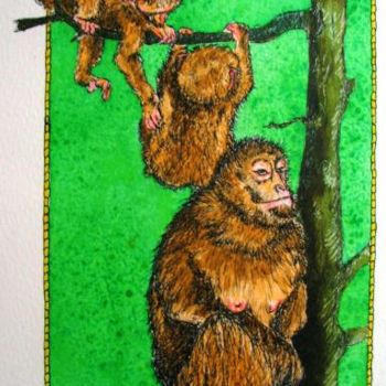 Painting titled "Famille de macaques" by Macrib, Original Artwork, Oil