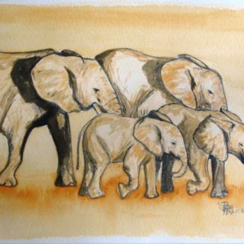 Painting titled "Eléphants" by Macrib, Original Artwork, Oil