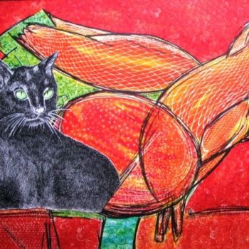Painting titled "Le chat noir" by Macrib, Original Artwork, Oil