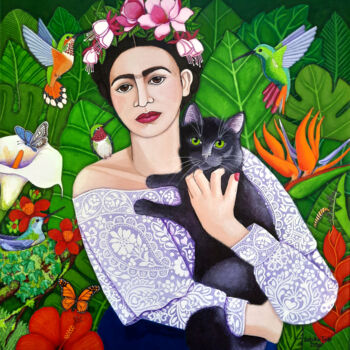Pintura intitulada "Frida con gato negro" por Madalena Lobao-Tello, Obras de arte originais, Acrílico