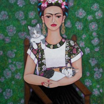 Painting titled "Frida cat lover" by Madalena Lobao-Tello, Original Artwork, Acrylic
