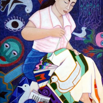 Pittura intitolato "Embroidering life" da Madalena Lobao-Tello, Opera d'arte originale