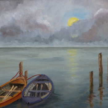 Painting titled "Rowing Boats on Lag…" by Maddalena Pacini, Original Artwork, Oil