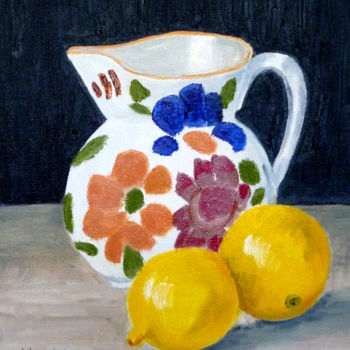 Painting titled "Floral Jug with Lem…" by Maddalena Pacini, Original Artwork, Oil