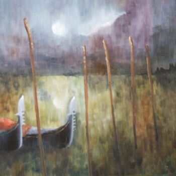 Painting titled "Gondolas in the Moo…" by Maddalena Pacini, Original Artwork, Oil