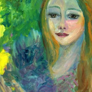 Painting titled "Jeune fille tenant…" by Madeleine Gendron, Original Artwork, Oil