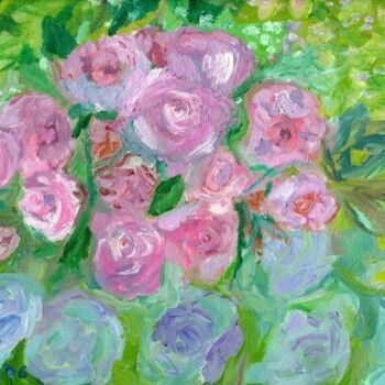 Malerei mit dem Titel "Roses roses et bleu…" von Madeleine Gendron, Original-Kunstwerk, Öl
