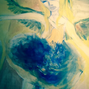 Painting titled "ange bleu ou l’écol…" by Madeleine Gendron, Original Artwork, Oil Mounted on Wood Stretcher frame