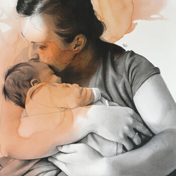 Pittura intitolato "Maternité 3" da Madeline Berger (MadB), Opera d'arte originale, Acquarello