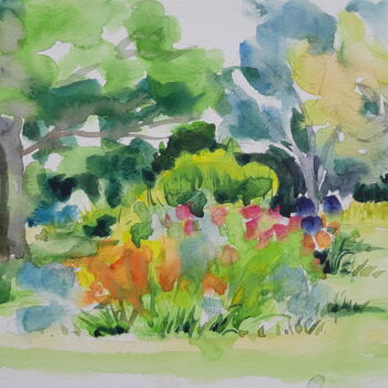 Malarstwo zatytułowany „Le jardin” autorstwa Mademoiselle Solenn, Oryginalna praca, Akwarela