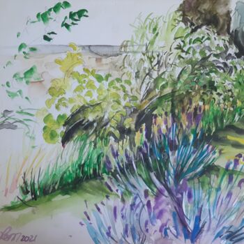 Ζωγραφική με τίτλο "Le jardin en juillet" από Mademoiselle Solenn, Αυθεντικά έργα τέχνης, Ακουαρέλα