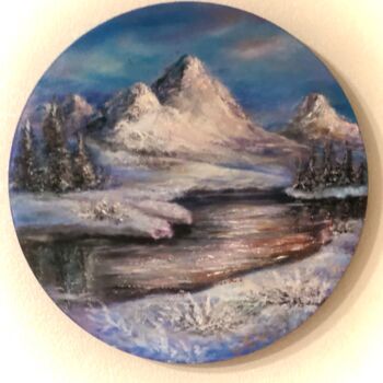 Painting titled ""Dawn in the mounta…" by Madina Tairova, Original Artwork, Oil Mounted on Wood Stretcher frame