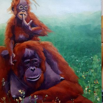 Painting titled "Orang Outans" by Madj Peinture, Original Artwork, Oil Mounted on Wood Stretcher frame
