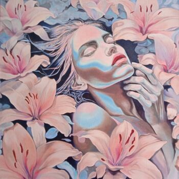 Картина под названием "Lilies" - Madlen Fox, Подлинное произведение искусства, Масло Установлен на Деревянная рама для носил…