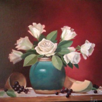 Pintura intitulada "Roses blanches" por Mael, Obras de arte originais, Óleo