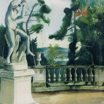Painting titled "Le Faune au château…" by Gilbert Foing, Original Artwork, Watercolor