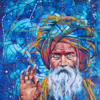 Painting titled "Sadhu Bleu" by Magali Angot (Mangot), Original Artwork, Acrylic Mounted on Wood Stretcher frame