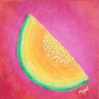 Painting titled "Papillon Melon Poire" by Magali Augris, Original Artwork, Acrylic Mounted on Wood Stretcher frame