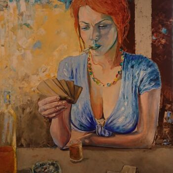 Painting titled "Joueuse de cartes" by Magali Bourguignon, Original Artwork, Oil Mounted on Wood Stretcher frame