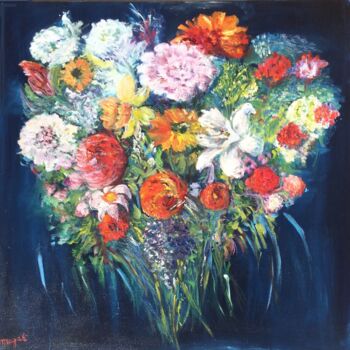 Painting titled "BOUQUET COEUR" by Magali Palatan, Original Artwork, Oil Mounted on Wood Stretcher frame