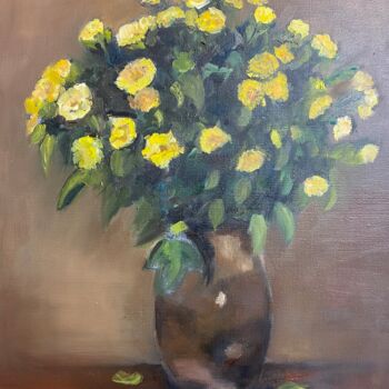 Painting titled "Bouquet aux Ciseaux" by Magali Palatan, Original Artwork, Oil Mounted on Wood Stretcher frame