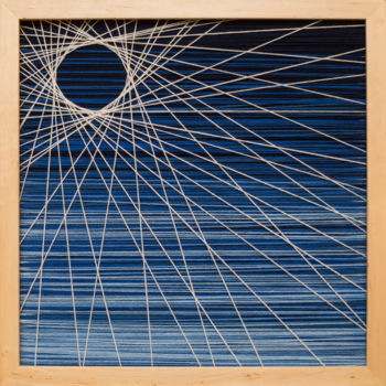 Textile Art titled "Blue Hole Sun" by Magdalena Kulawik, Original Artwork, String Art Mounted on Wood Panel