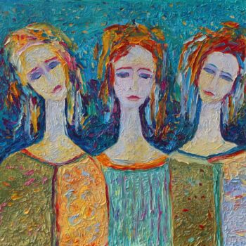 Ζωγραφική με τίτλο "Three women angels…" από Magdalena Walulik, Αυθεντικά έργα τέχνης, Λάδι Τοποθετήθηκε στο Ξύλινο φορείο σ…