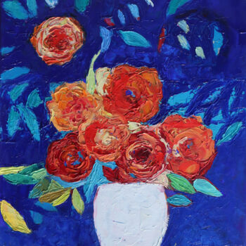 Malarstwo zatytułowany „Czerwone kwiaty w w…” autorstwa Magdalena Walulik, Oryginalna praca, Olej Zamontowany na Drewniana r…