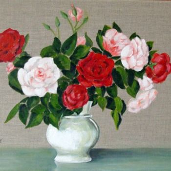 Painting titled "Bouquet de roses" by Marguerite Rodriguez, Original Artwork, Oil