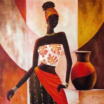 Ζωγραφική με τίτλο "Jeune africaine" από Marguerite Rodriguez, Αυθεντικά έργα τέχνης, Ακρυλικό
