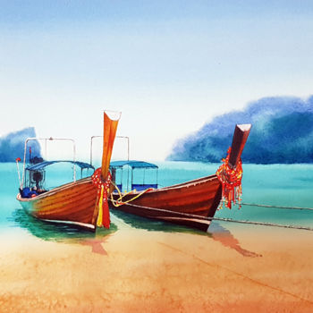 Peinture intitulée "Two boats on the be…" par Svetlana Lileeva, Œuvre d'art originale, Aquarelle