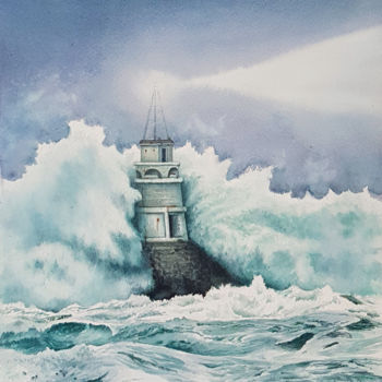 Painting titled "Lighthouse and stor…" by Svetlana Lileeva, Original Artwork, Watercolor