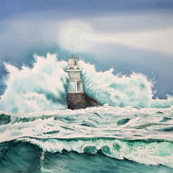 Painting titled "Lighthouse and wave…" by Svetlana Lileeva, Original Artwork, Watercolor