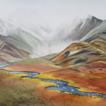 Painting titled "Foggy mountain land…" by Svetlana Lileeva, Original Artwork, Watercolor