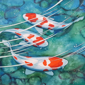Painting titled "Japanese koi carps…" by Svetlana Lileeva, Original Artwork, Watercolor