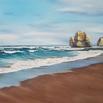 Painting titled "Seascape and cliffs…" by Svetlana Lileeva, Original Artwork, Watercolor