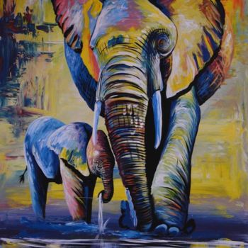 Schilderij getiteld "Elephants" door Maka Magnolia, Origineel Kunstwerk, Olie