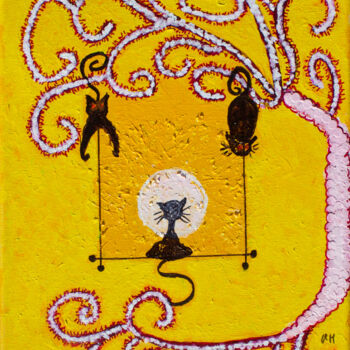 Painting titled "L'arbre et les chats" by Maguie Mesguich, Original Artwork, Collages