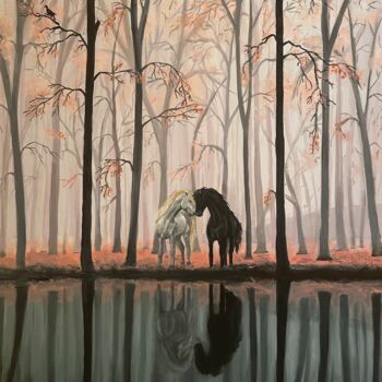 Painting titled "Two horses in a mag…" by Anastasiia Makhankova, Original Artwork, Oil