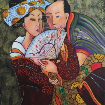 Painting titled "Amoureux à l'éventa…" by Mahé Ros, Original Artwork, Acrylic Mounted on Wood Stretcher frame
