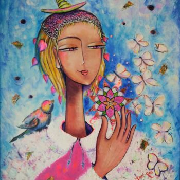 Peinture intitulée "Femme fleur cosmique" par Mahé Ros, Œuvre d'art originale, Acrylique Monté sur Châssis en bois